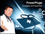 PowerPoint Template - Young doctor with stethoscope stretching out hand for handshake over blue background