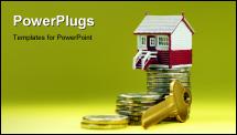 PowerPoint Template -  house placed on a pile of gold coins with a gold key in the front, asking the question how far awa