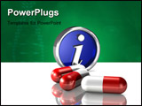 PowerPoint Template - d illustration of a metallic blue info symbol standing behind three large red and white pills on a 