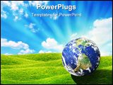PowerPoint Template - lanet Earth goes on a vacation at a beautiful green meadow. Beautiful spring sunny day with blue cl