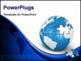 PowerPoint Template - blue earth of puzzle with one piece missing, isolated white background, 3d image