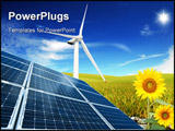 PowerPoint Template - A composition of clean energies solar panel, sunflower and windmill.