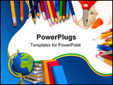 PowerPoint Template - Assorted school supplies including pens pencils scissors glue and a ruler on a white background