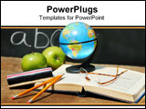 PowerPoint Template - School books and apple in front of school chalkboard with small atlas