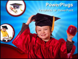PowerPoint Template - Young Caucasian toddler boy with a graduation cap and gown from preschool and holding an apple.