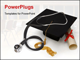 PowerPoint Template - Mortar board, diploma and stethoscope on white
