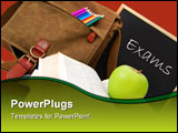 PowerPoint Template - Satchel and books next to a blackboard with the word exams