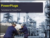 PowerPoint Template - engineers workers inside large oil and fuel industry background in a blue toning concept