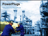 PowerPoint Template - engineers workers inside large oil and fuel industry background in a blue toning concept