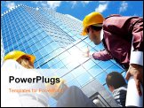 PowerPoint Template - Below view of business partners in helmets looking at modern office building against cloudy sky