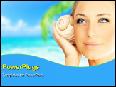 PowerPoint Template - Beautiful woman enjoying beach, close-up female face portrait, happy girl holding seashell, relaxing in nature, summer travel vacation and spa relaxation concept