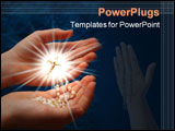 PowerPoint Template - child hands keeping a gold cross on blue background with rays of lights