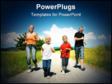 PowerPoint Template - Family jogging with two little daughters on a path under a perfect blue sky