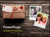 PowerPoint Template - Blank photo frames and vintage gift box (package) with blank gift tag on old wooden background