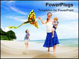PowerPoint Template - Young mother and two kids running with kite on the beach