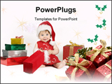PowerPoint Template - A baby wearing a red dress and hat sits amongst a colorful array of gifts