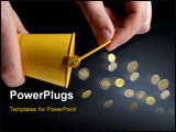 PowerPoint Template - Bucket in hands and coins. Business concept.
