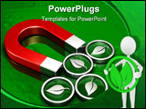 PowerPoint Template - d illustration of four metallic green leaf symbols attached to a large red magnet on a green reflec