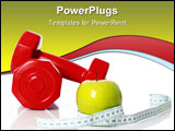 PowerPoint Template - Green apple with measuring tape on the background of dumbbells.