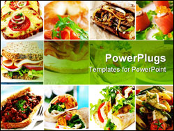 PowerPoint Template - ollage of sandwiches including smoked salmon beef ham turkey chicken and vegetables. Wraps baguette