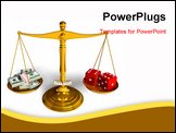 PowerPoint Template - Stack of dollars and red game cubes on golden weight scales isolated over white background