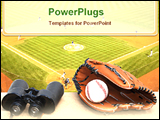 PowerPoint Template - upside view of stadium with players, ball, gloves and binacular