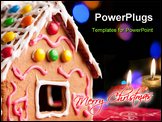 PowerPoint Template - Closeup of gingerbread house decorated with colorful candies over Christmas tree lights background