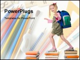 PowerPoint Template - Portrait of girl with backpack walking from top to top of book piles