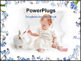 PowerPoint Template - ute little girl dressed like fairy with fluffy wings plays with white rabbit with beautiful flower 