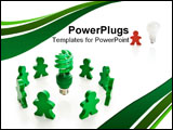 PowerPoint Template - Circle of colored wooden people surrounding a bright green compact fluorescent light bulb.