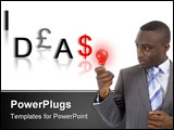 PowerPoint Template - his is an image of a businessman trying to think of some money making ideas. currency lettered word