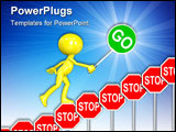 PowerPoint Template - A 3D cartoon carries GO sign up stair step STOP signs rising above negativity.