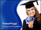 PowerPoint Template - Female graduate with the world in her hands isolated over white