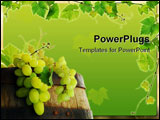 PowerPoint Template - Wine barrel with fresh grape and grapevine framing, on background of sunset vineyard