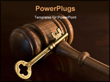 PowerPoint Template - Brass key and wooden judges gavel symbolic of judicial decision-making and critical judgments.