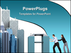 PowerPoint Template - company growth - business partners pushing a new building towards their corporate district