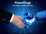 PowerPoint Template -  conceptual image of a hand shake between a business man and a robot. Close up shot a against a whi