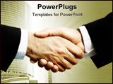 PowerPoint Template - handshake of two businessman on modern building background selective focus on nearest part