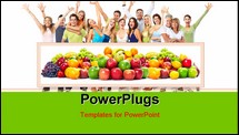PowerPoint Template - Group of happy people with fruits. Over white background