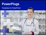 PowerPoint Template - Happy cheerful pharmacist chemist woman standing in pharmacy drugstore