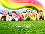PowerPoint Template - Image of happy boys and girls lying on a green grass