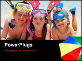 PowerPoint Template - Three smiling children posing on a beach wearing snorkeling equipment.