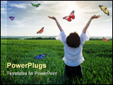 PowerPoint Template - The girl on a field. The woman with the lifted hands to the sky on a green meadow