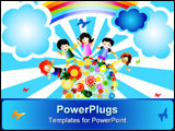 PowerPoint Template - kids and planet; joyful illustration with planet earth happy children and colorful flowers