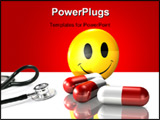 PowerPoint Template - d illustration of a metallic yellow smiley face standing behind three large red and white pills on 