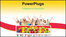 PowerPoint Template - Group of happy people with fruits. Over white background.