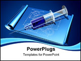 PowerPoint Template - d illustration of a large medical syringe sitting on top of a set of unrolled blueprints on a gray 
