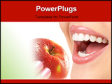 PowerPoint Template - Beautiful young woman eating a red apple. Isolated over white background