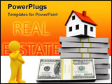 PowerPoint Template -  small cottage and a three-dimensional stack of hundred-dollar bills. symbol of a successful real e