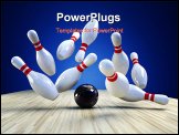 PowerPoint Template - Bowling Game. A bowling ball is knocking the pins down over blue background a 3d image